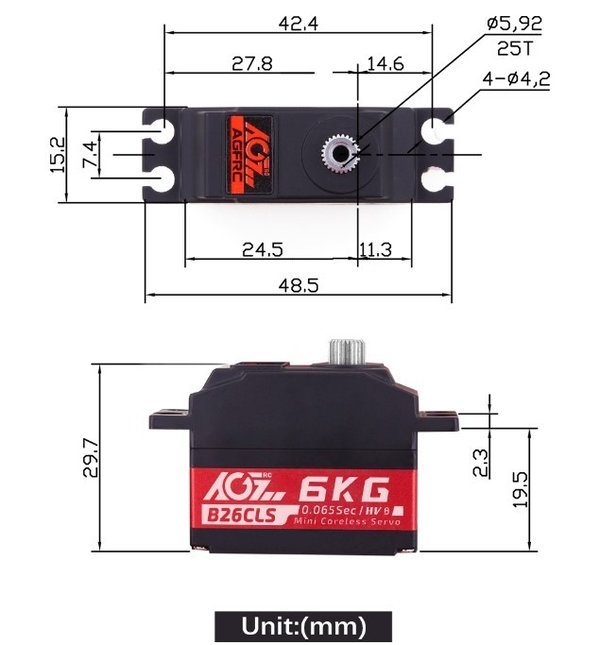 AGF-RC Servo B26CLS 6Kg 0,065 Sek. Hochgeschwindigkeits-Digital-Coreless-Micro Servo für RC-Autos
